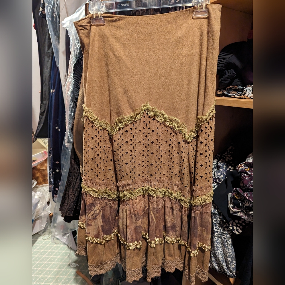 Boho hippie faux suede medium midi skirt